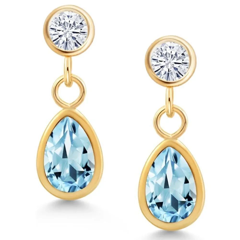 14K Yellow Gold with 1.20 Cttw Sky Blue Topaz and White Moissanite Post Earrings